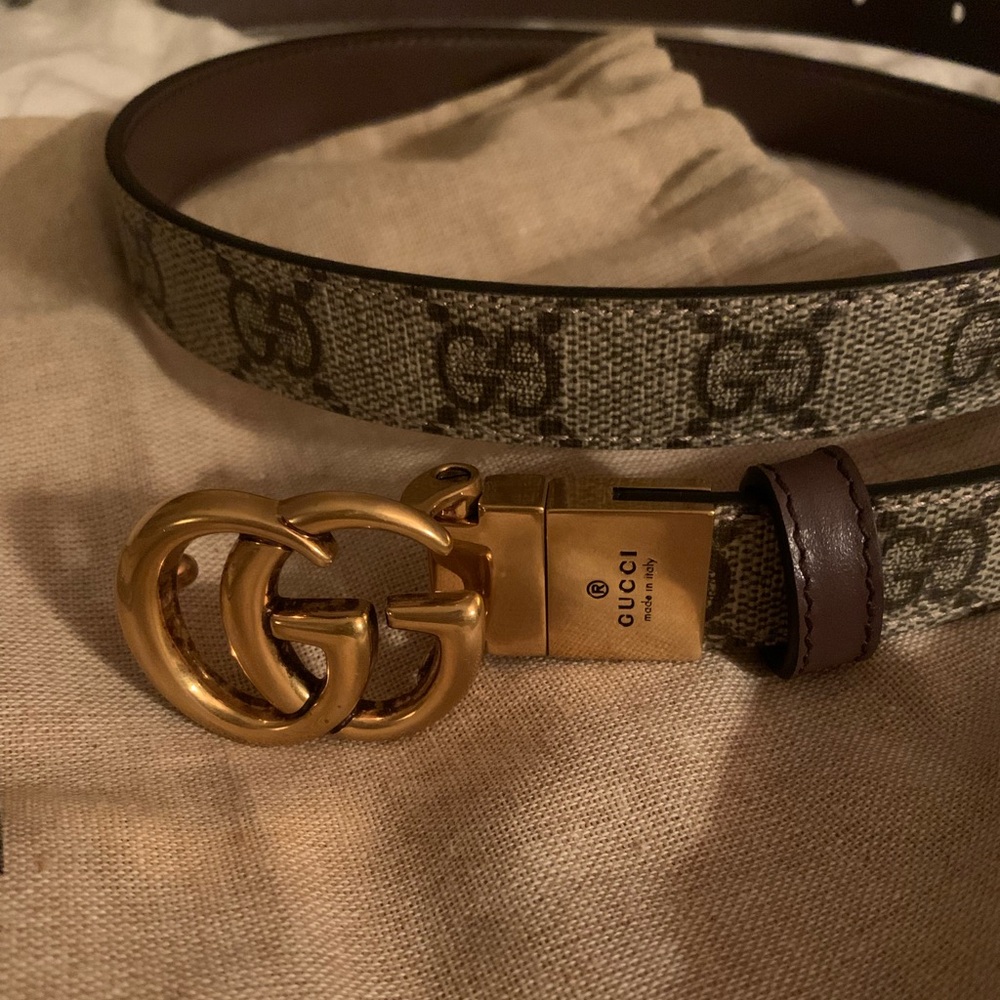Gucci Reversible Marmont Thin Belt - Brown and Gold